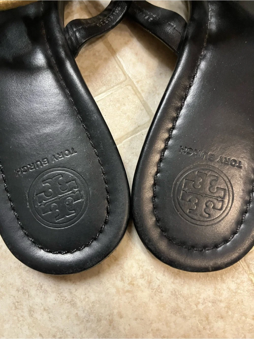 Tory Burch Black Leather Logo Thong Sandals with Red, Yellow & Green Accents